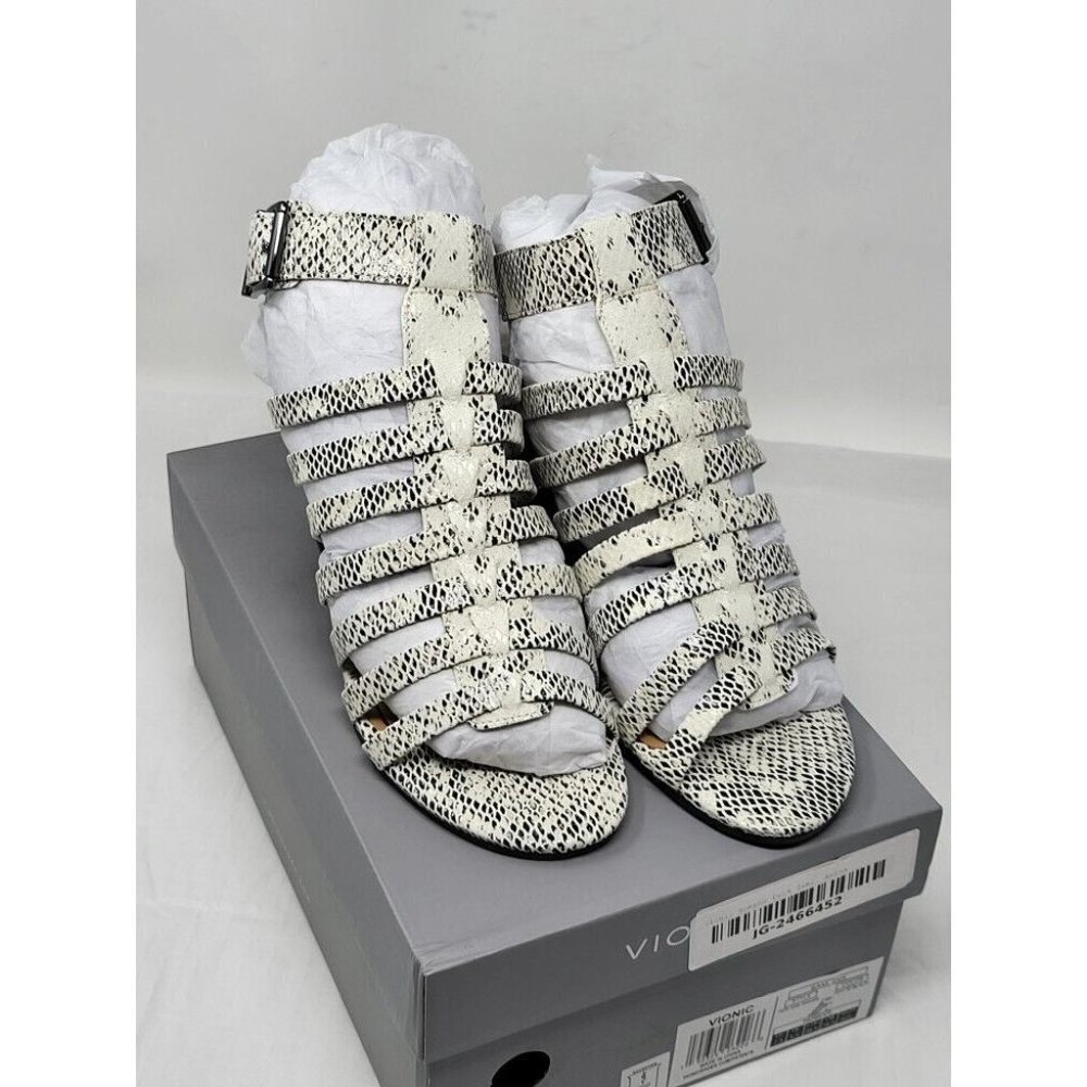 Vionic Perk Sami snake white black Leather Ankle Strap Sandals Heels size 7.5